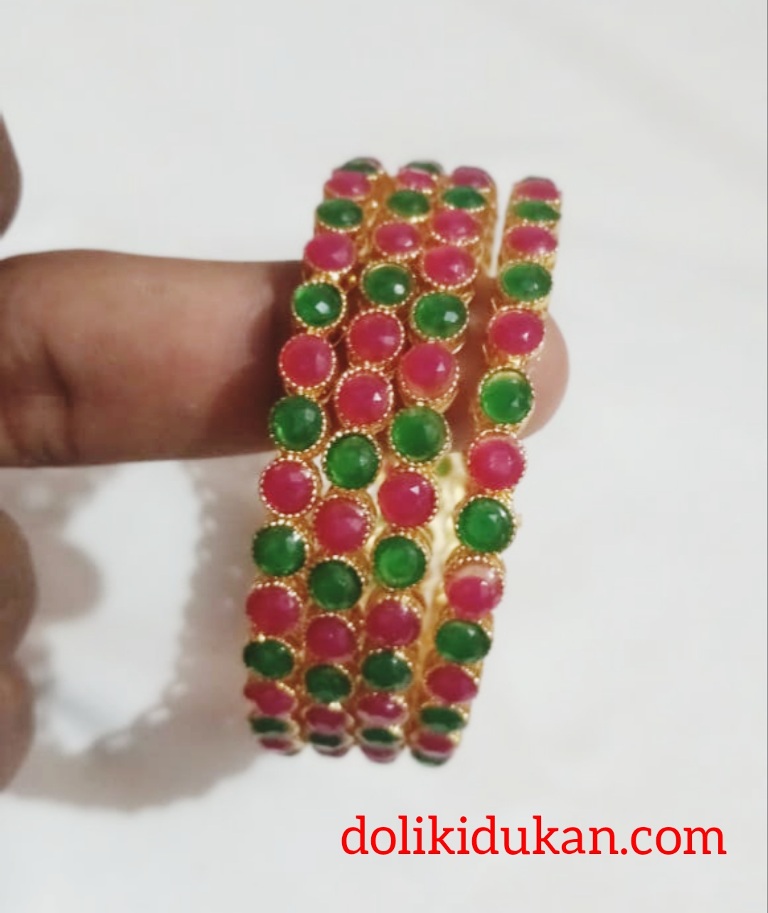Green & Pink Round Stone Bangles