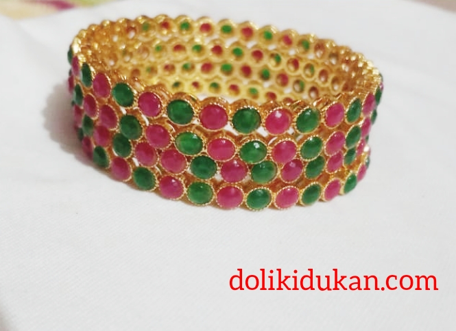 Green & Pink Round Stone Bangles
