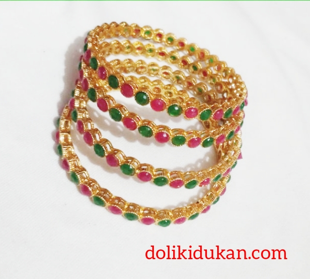 Green & Pink Round Stone Bangles