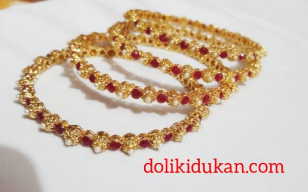 White Pearl & Mehroon Stone Bangles