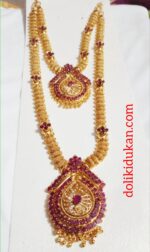 Mehroon Colored Stone Gold Necklace (Double Set)